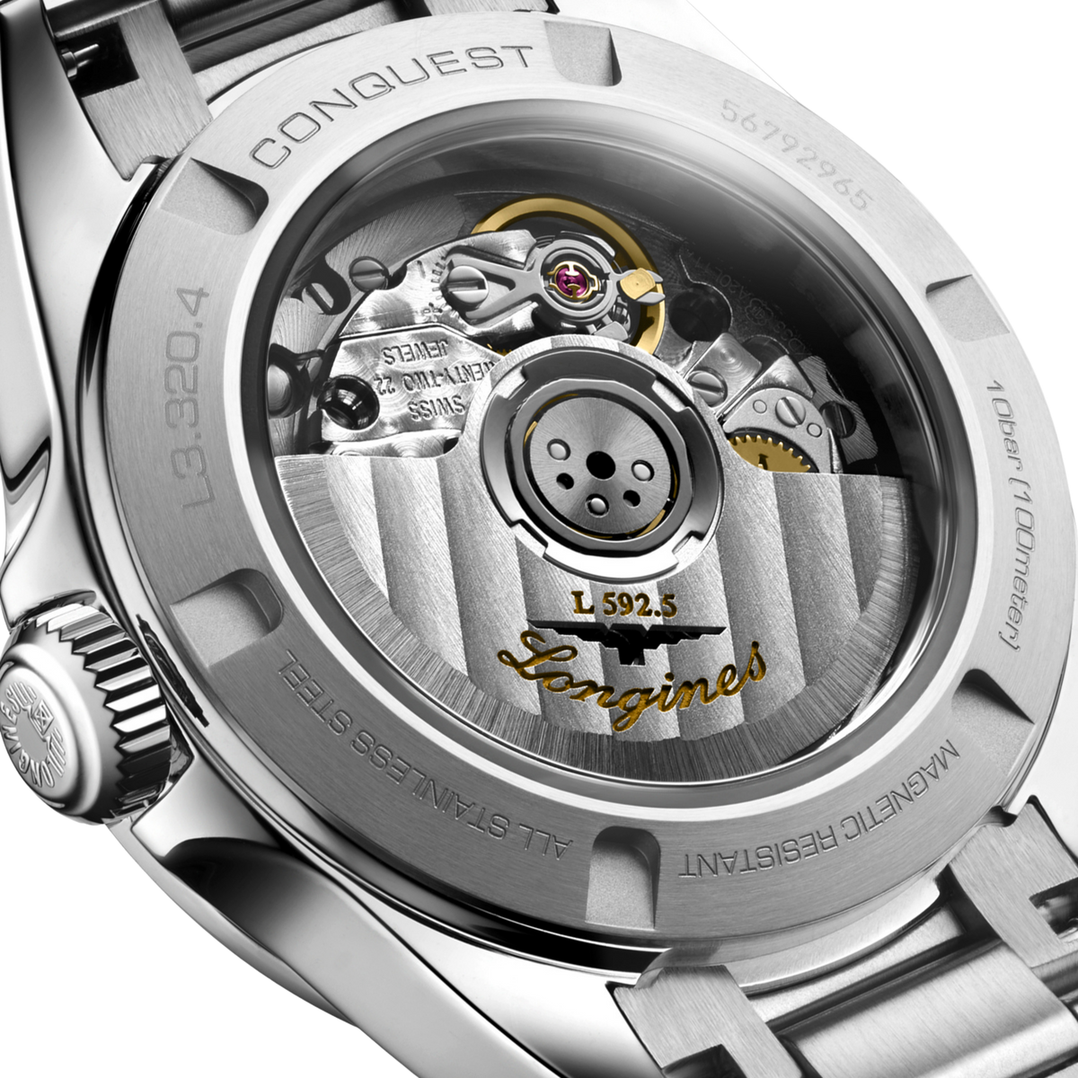 back of Longines Conquest Automatic stainless steel watch with engraved case back and bracelet clasp detail
