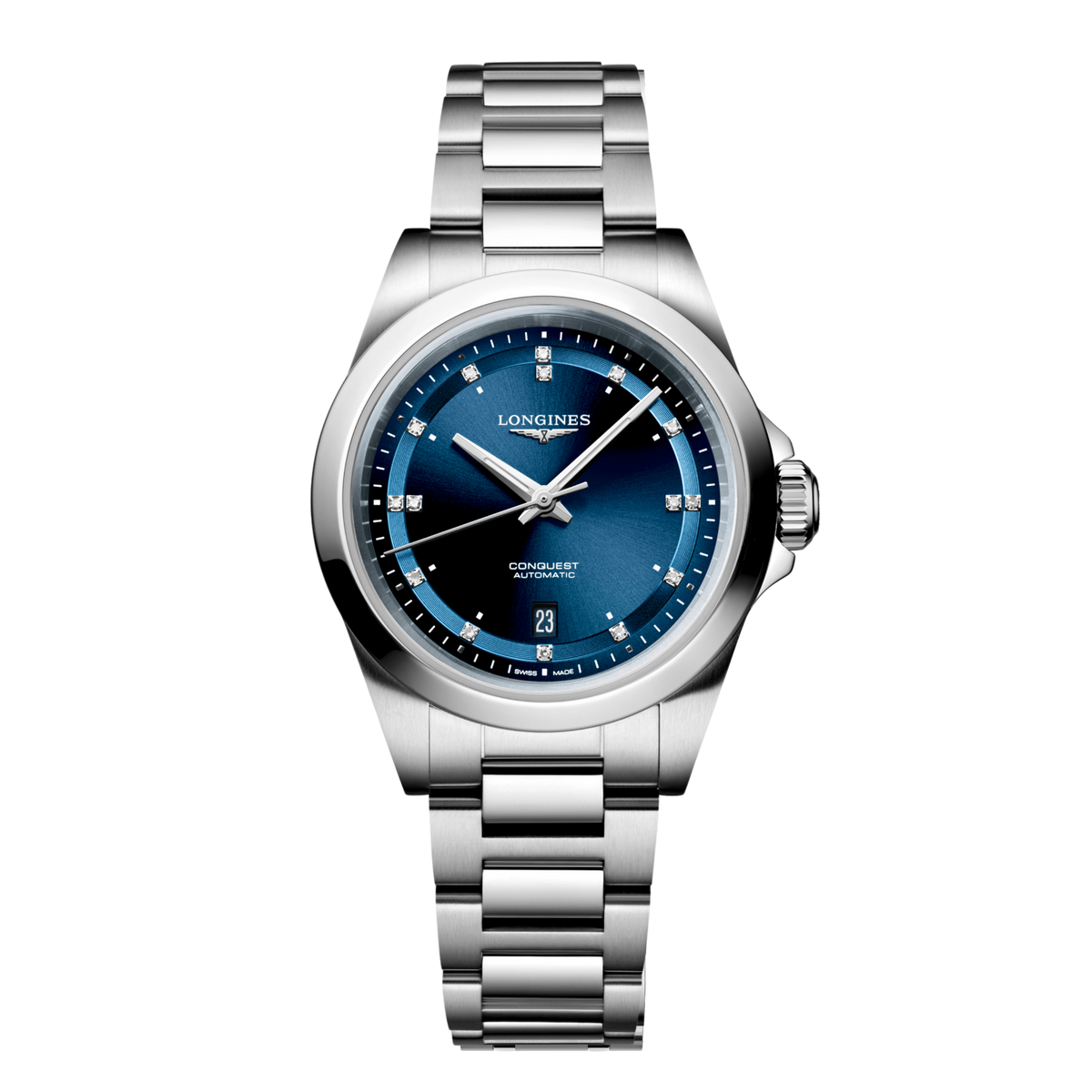 front view of Longines Conquest Automatic blue dial watch with diamond hour markers and stainless steel bracelet
