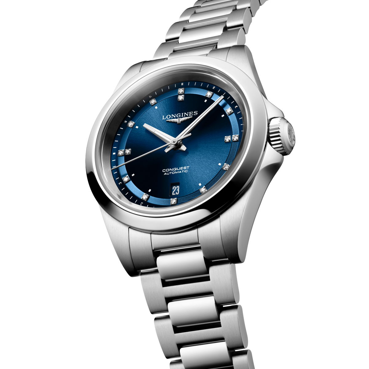 close up of the Longines Conquest blue sunray dial featuring diamond hour markers, silver hands and date display
