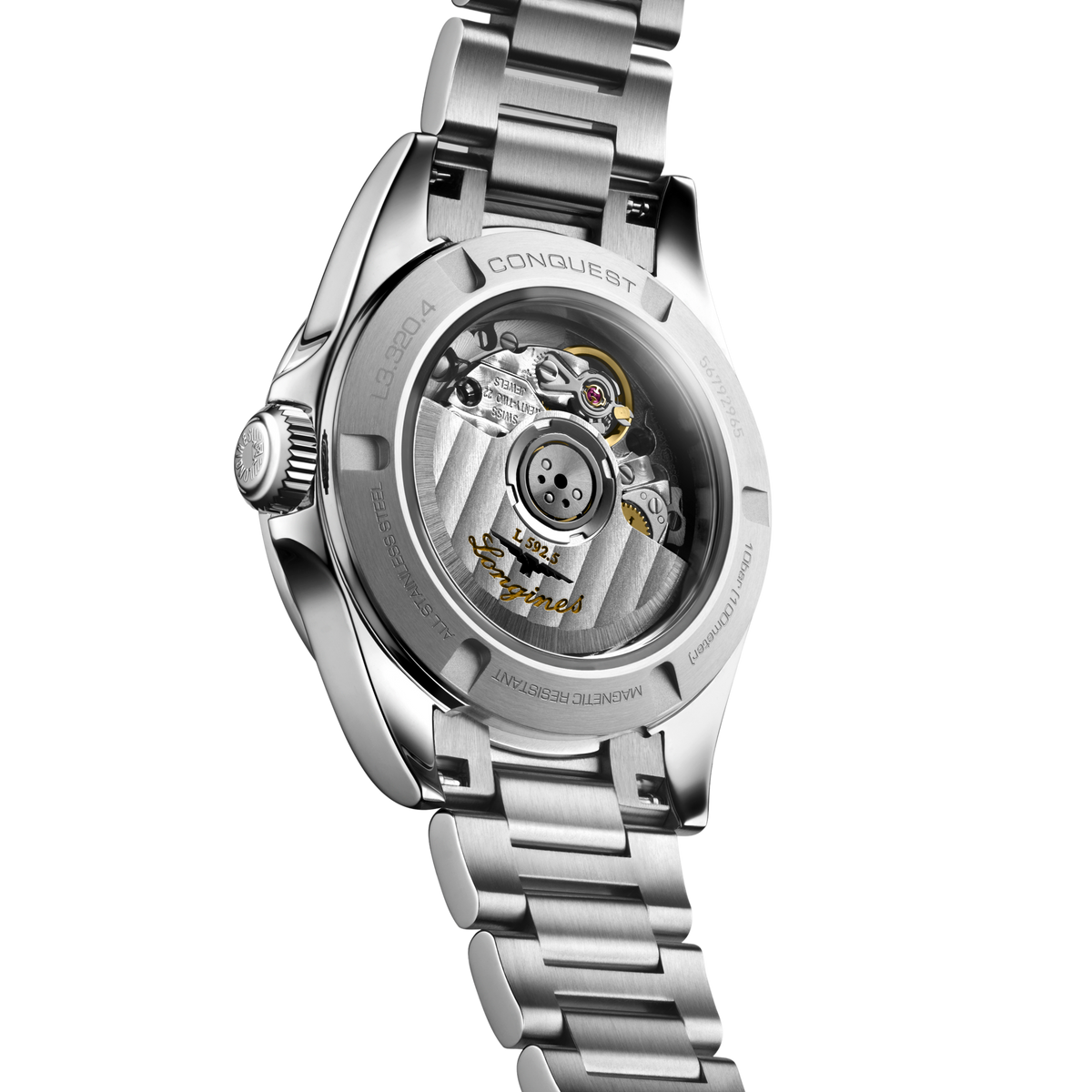 back of Longines Conquest Automatic stainless steel watch showing the engraved case back and bracelet clasp detail
