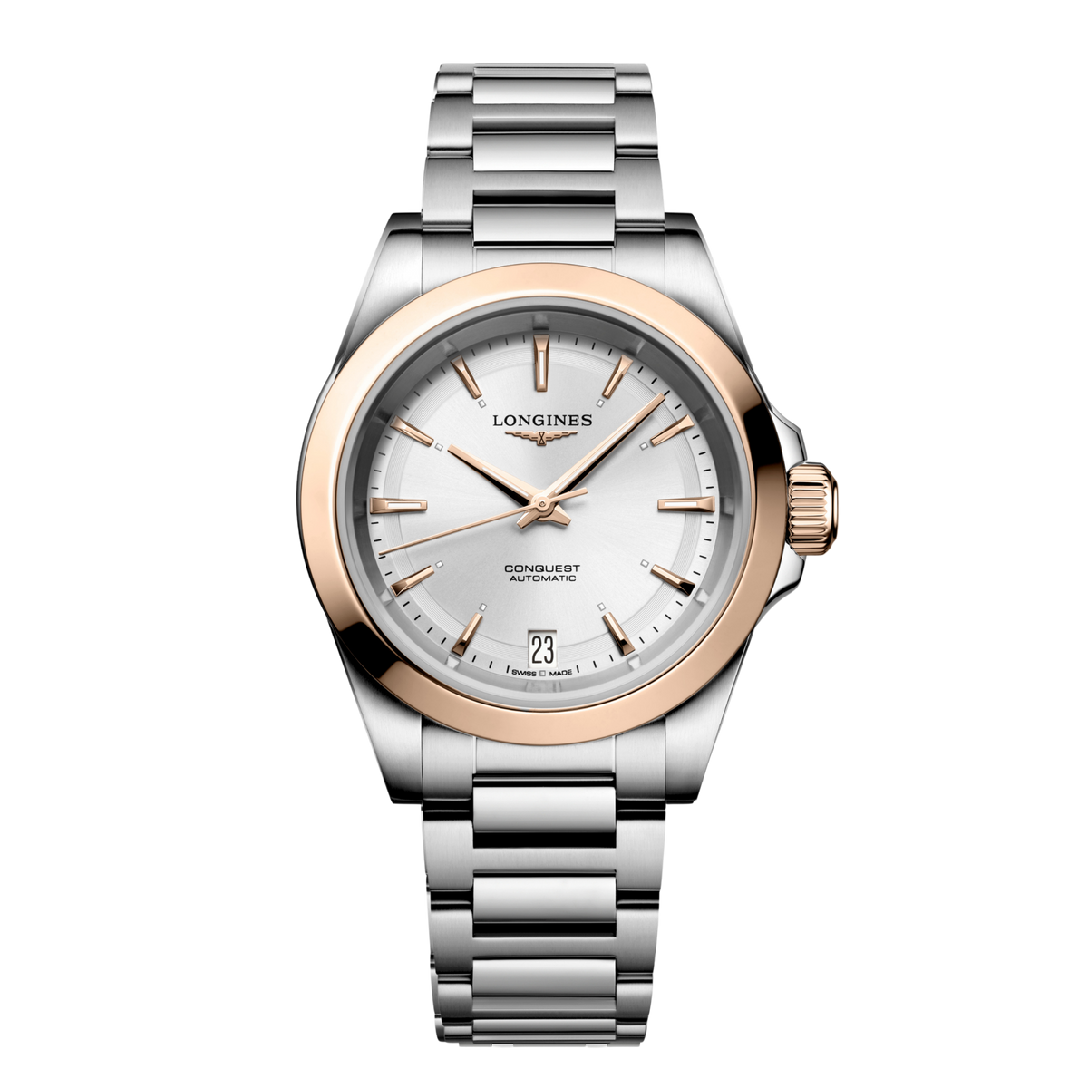 front view of Longines Conquest Automatic silver dial watch with rose gold bezel and stainless steel bracelet