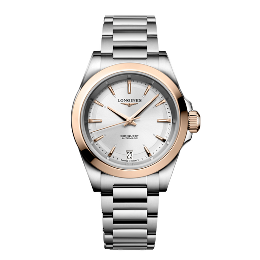 front view of Longines Conquest Automatic silver dial watch with rose gold bezel and stainless steel bracelet