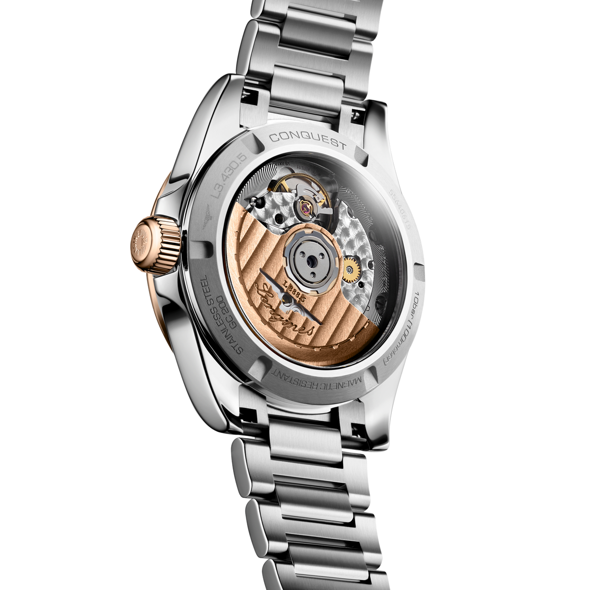 back of Longines Conquest Automatic watch showing the stainless steel case back and integrated bracelet detail
