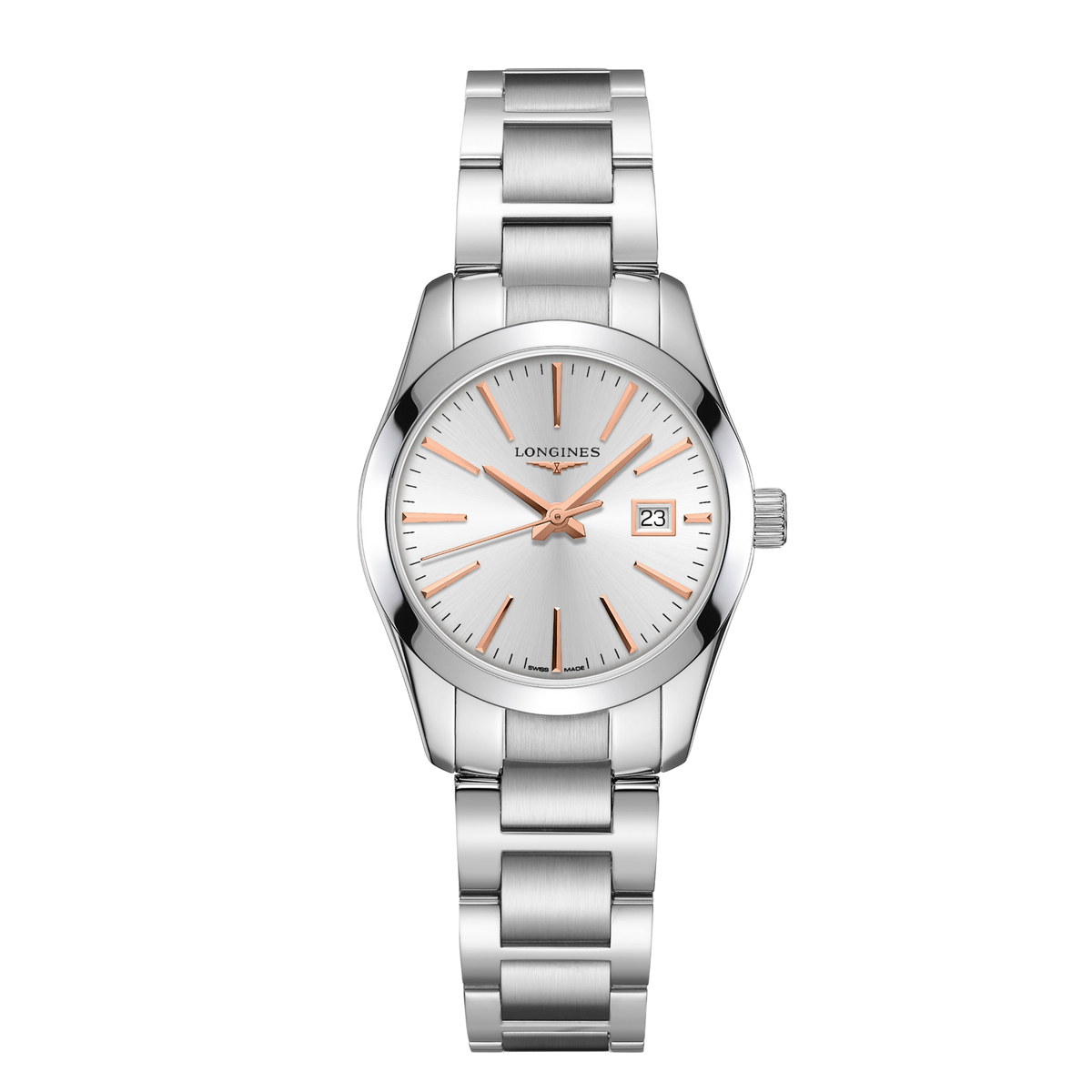 front view of Longines Conquest silver dial watch with rose gold hour markers and stainless steel bracelet