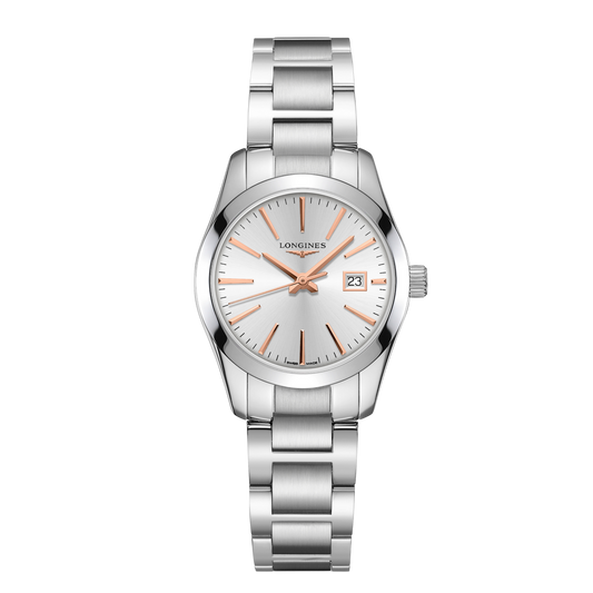 front view of Longines Conquest silver dial watch with rose gold hour markers and stainless steel bracelet