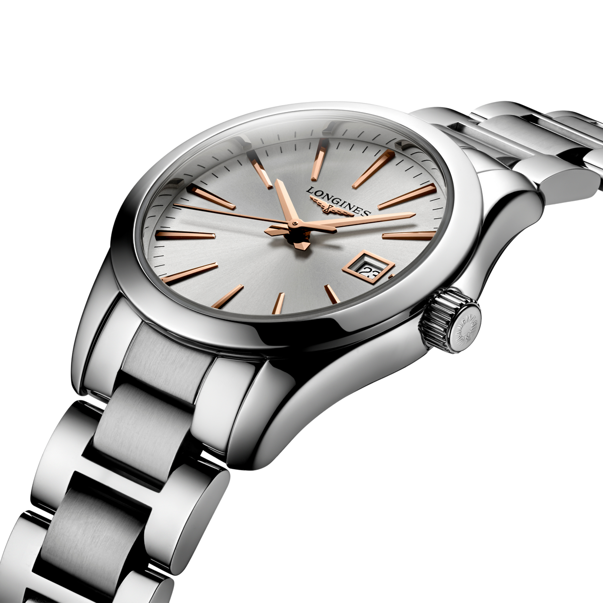 close up of the Longines Conquest silver sunray dial featuring rose gold hands, slim hour markers and date display

