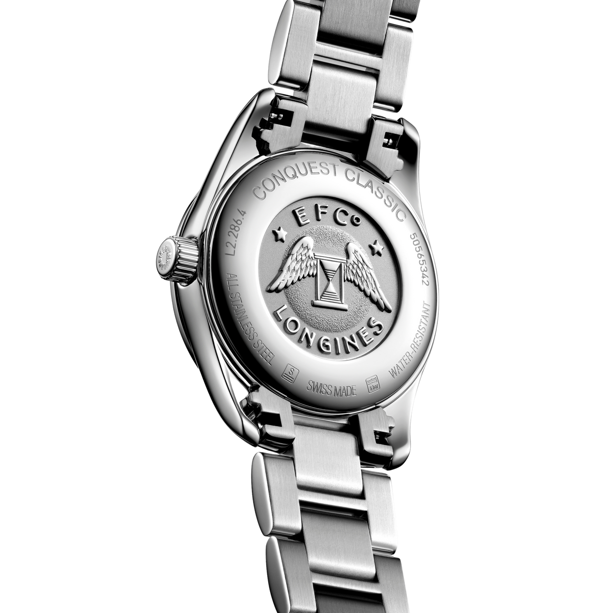 back of Longines Conquest watch showing the polished stainless steel case back and bracelet construction
