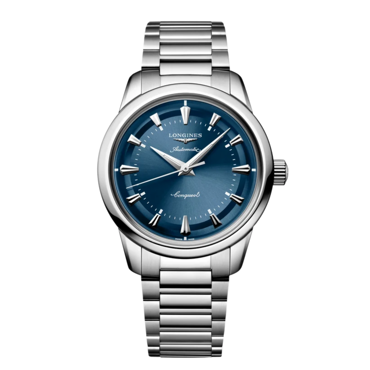 front view of Longines Conquest automatic blue dial watch with stainless steel bracelet and polished silver hour markers