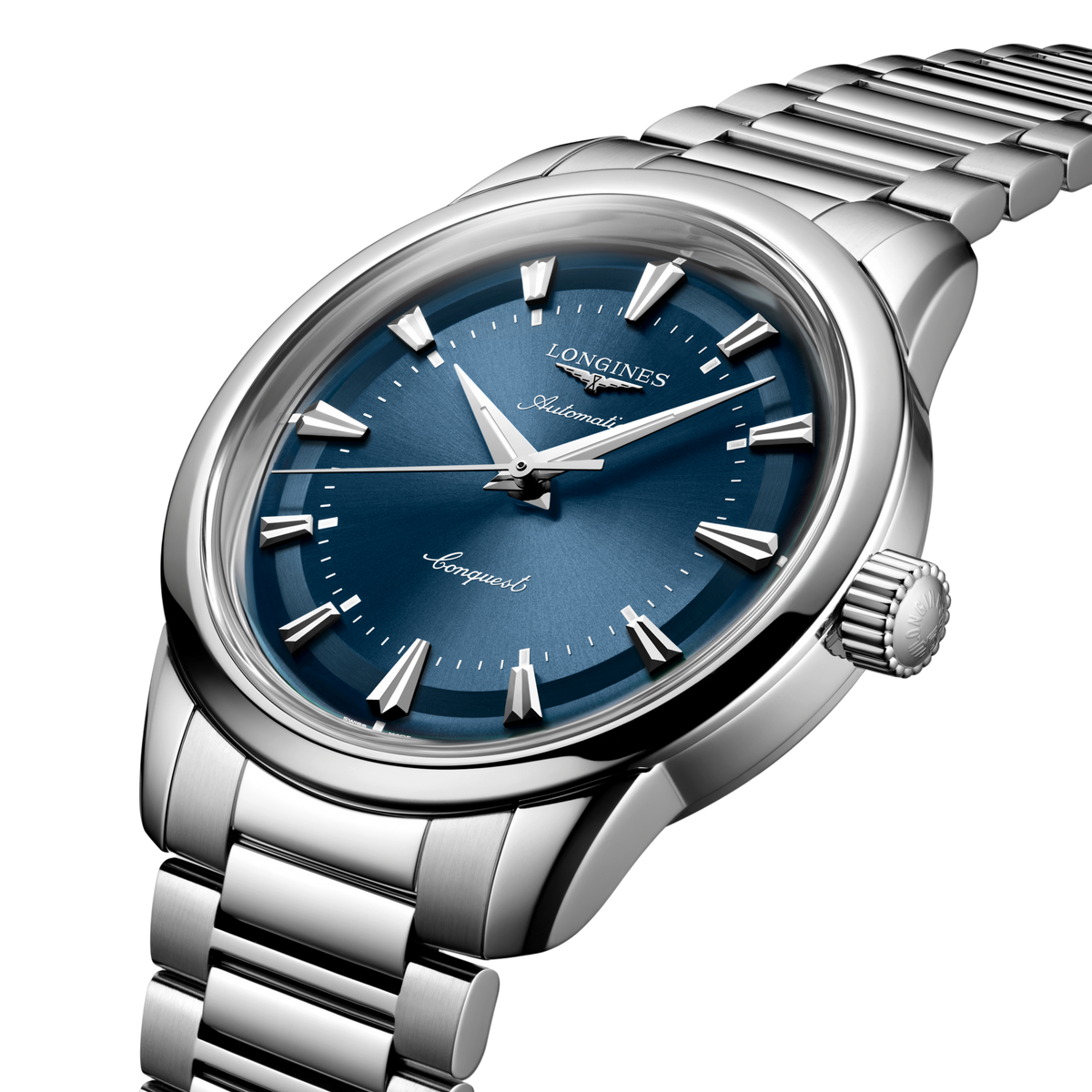 Longines Conquest blue dial watch styled on the wrist with a stainless steel bracelet for a modern everyday luxury look
