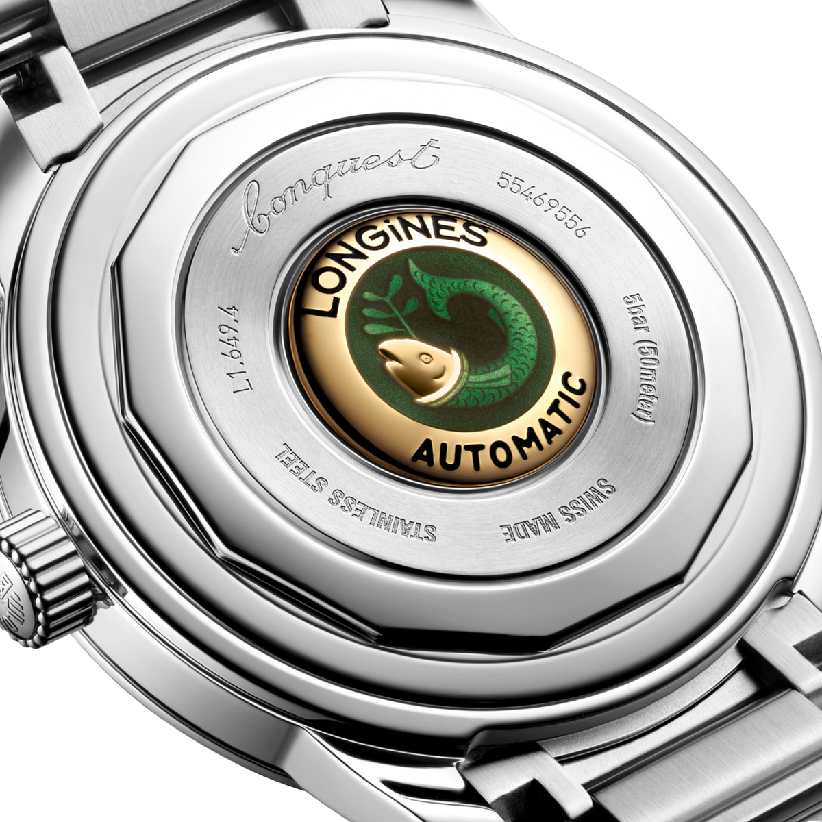 back of Longines Conquest automatic watch showing the stainless steel case back and brushed steel bracelet detailing
