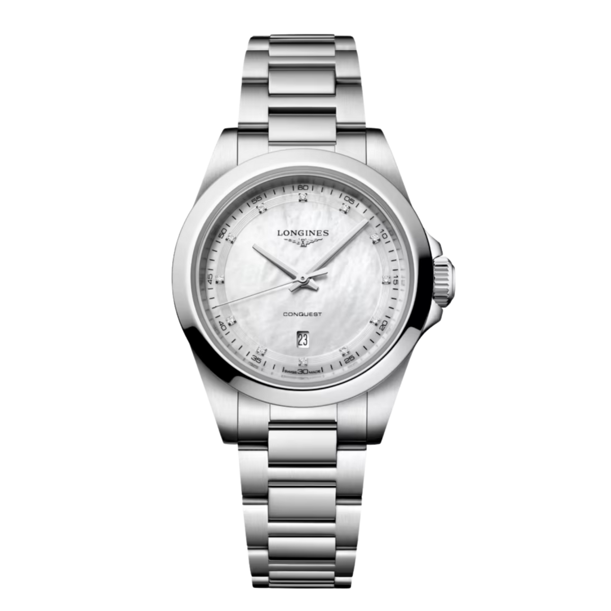 The Longines Conquest Automatic 30mm is a refined Swiss timepiece that combines sporty elegance with a clean, feminine profile.