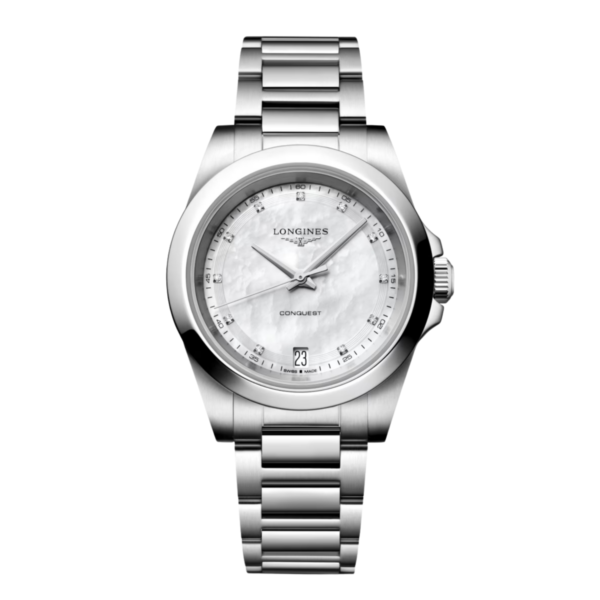 Longines Conquest 34mm quartz watch with white mother-of-pearl dial, stainless steel case and matching steel bracelet.