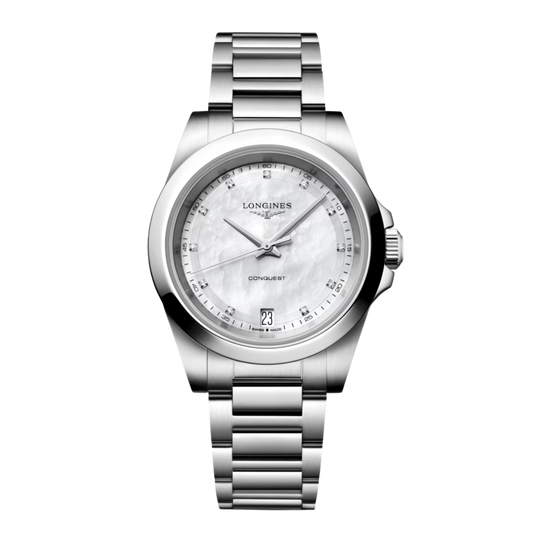 Longines Conquest 34mm quartz watch with white mother-of-pearl dial, stainless steel case and matching steel bracelet.