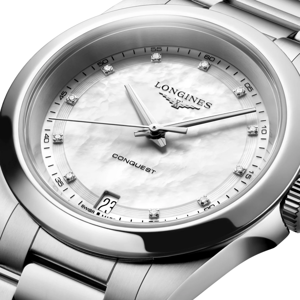 Longines Conquest 34mm watch featuring an elegant white mother-of-pearl dial, scratch-resistant sapphire crystal and stainless steel bracelet.