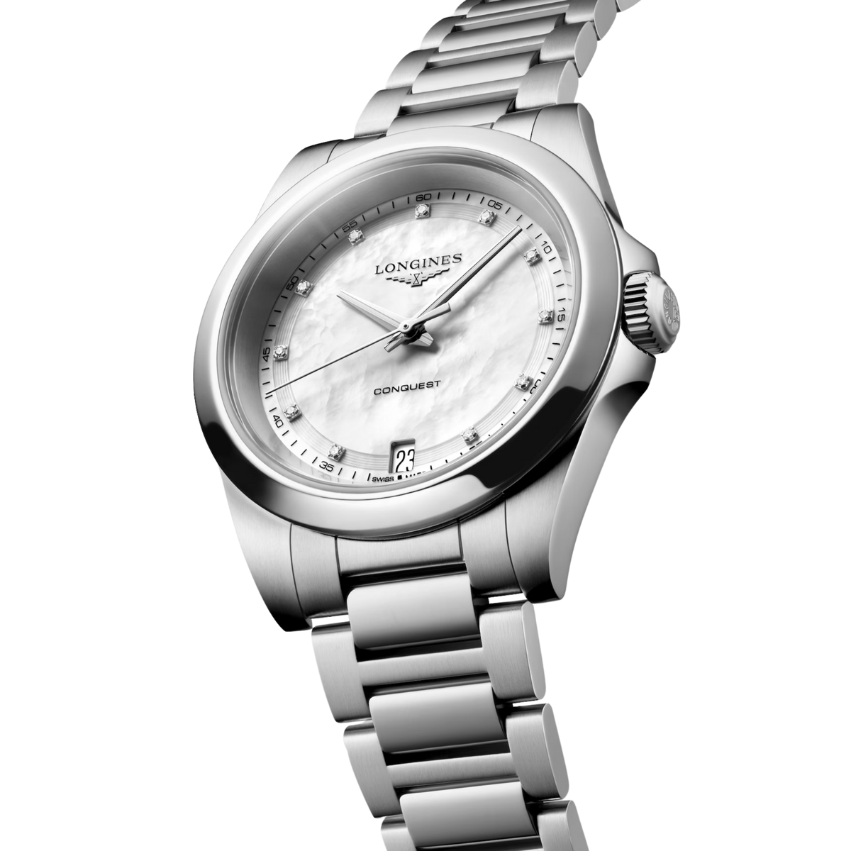 Longines Conquest 34mm Swiss quartz watch with white mother-of-pearl dial, date display and 100m water resistance.