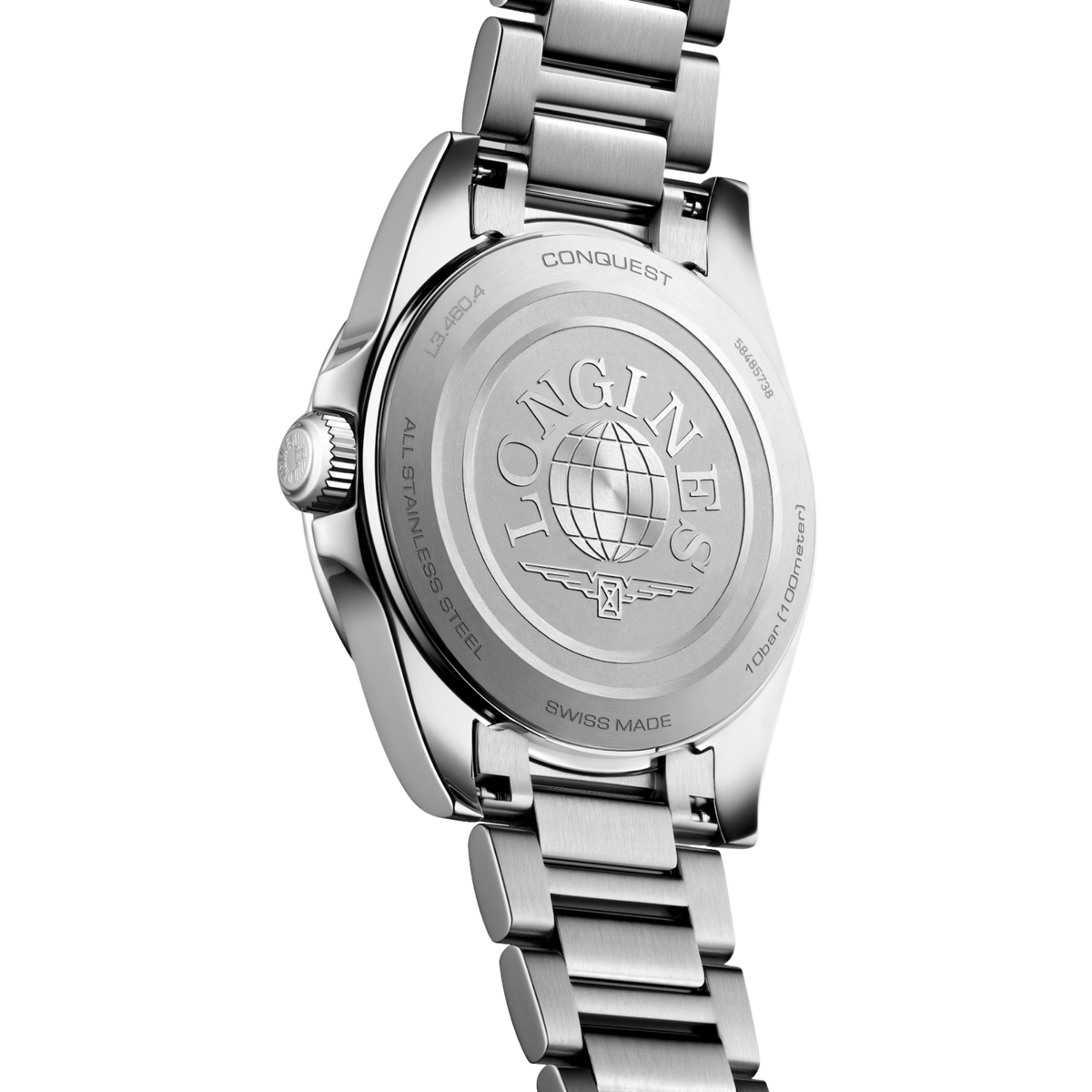 Longines Conquest luxury watch with 34mm stainless steel case, mother-of-pearl dial and triple safety folding clasp.