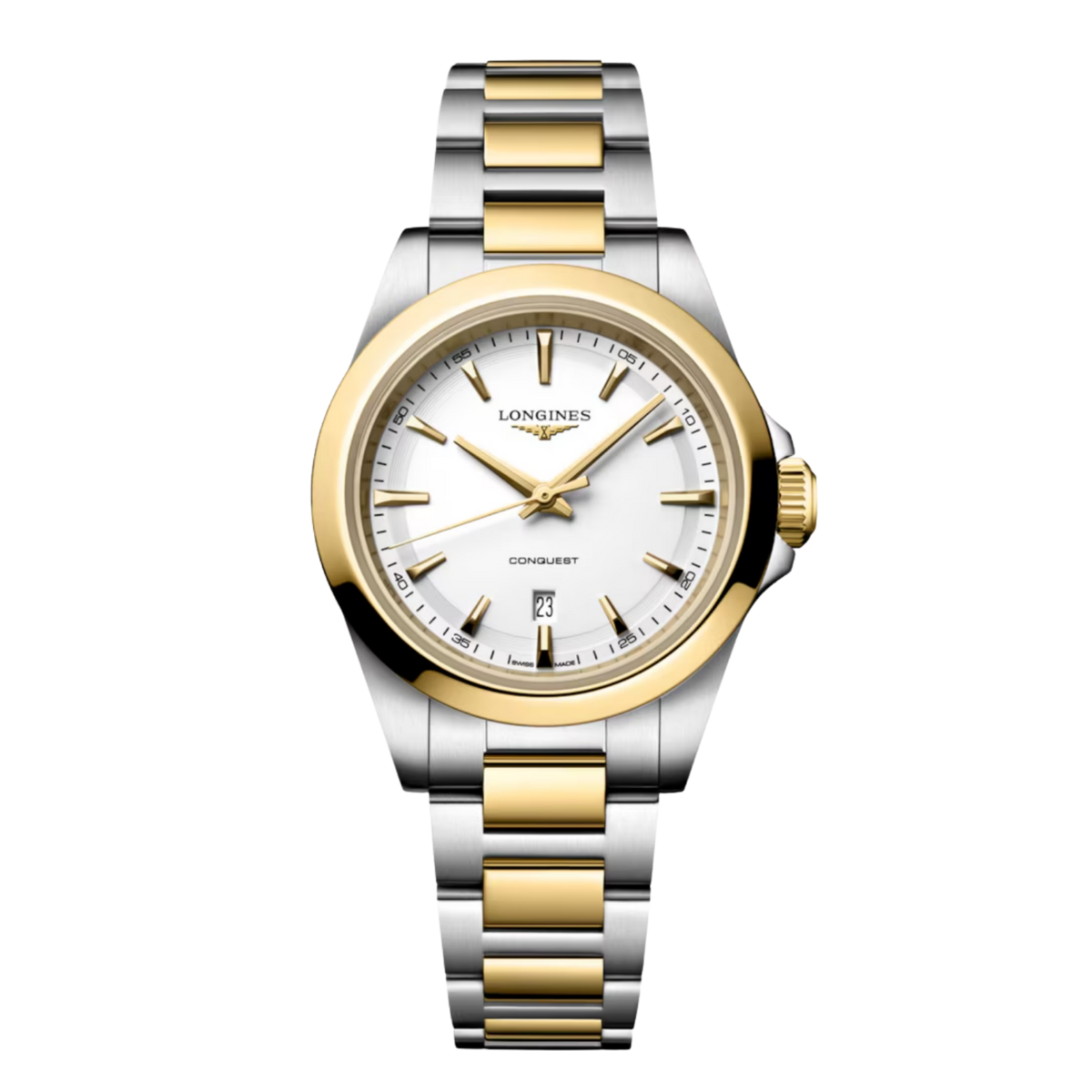 Elegant yet sporty, the Longines Conquest 30mm pairs a fresh white dial with a two tone stainless steel and yellow PVD bracelet. A versatile design that feels just as at home every day as it does on special occasions.