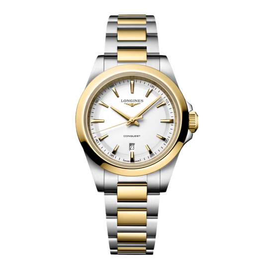 Elegant yet sporty, the Longines Conquest 30mm pairs a fresh white dial with a two tone stainless steel and yellow PVD bracelet. A versatile design that feels just as at home every day as it does on special occasions.