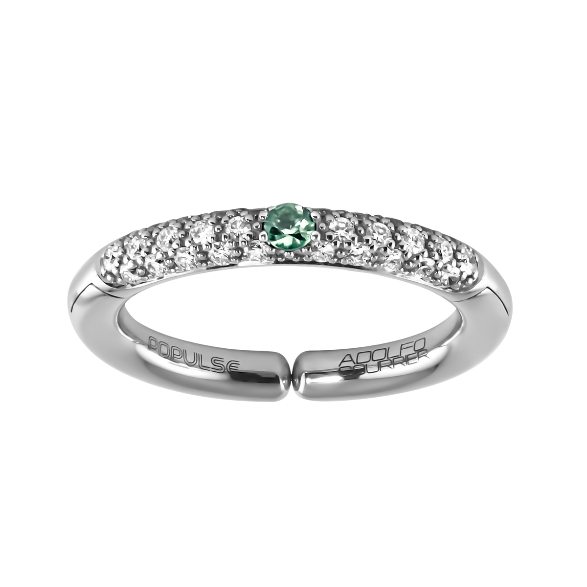Crafted in 18ct white gold, this elegant ring combines 0.29ct diamonds with a striking 0.08ct green sapphire and an adjustable size 53mm fit.