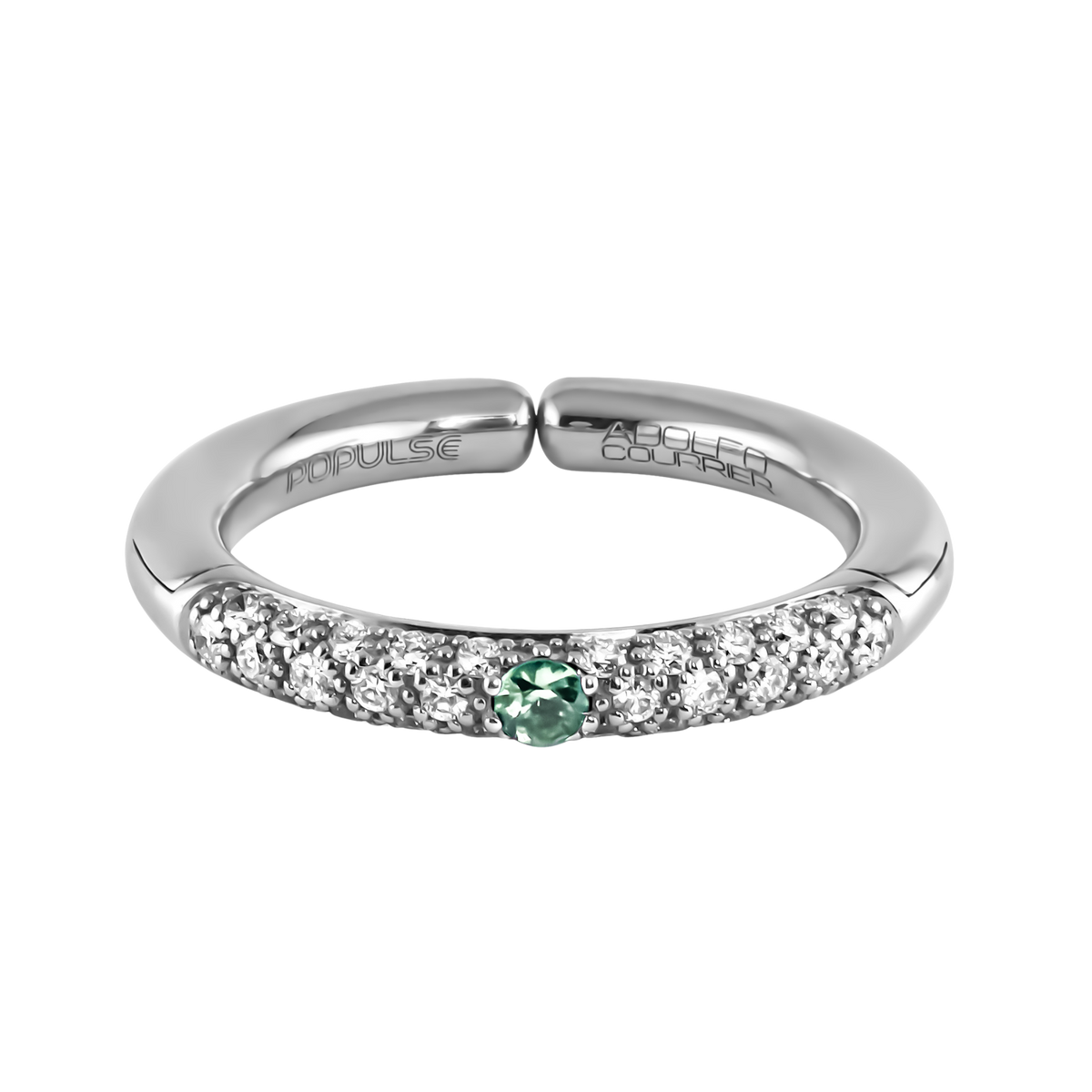 A contemporary 18ct white gold design showcasing 0.29ct of sparkling diamonds and a vivid green sapphire for a refined finish.