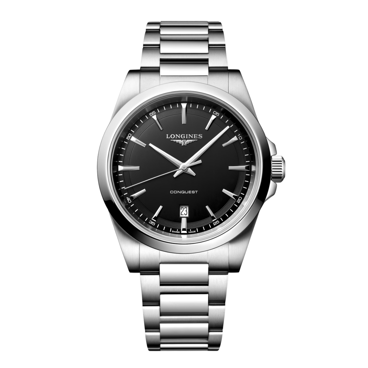 Longines Conquest 41mm quartz watch with black sandblasted dial, stainless steel case and matching steel bracelet