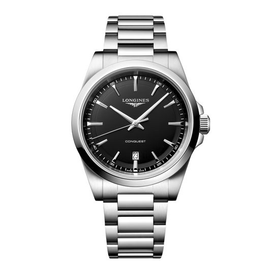 Longines Conquest 41mm quartz watch with black sandblasted dial, stainless steel case and matching steel bracelet