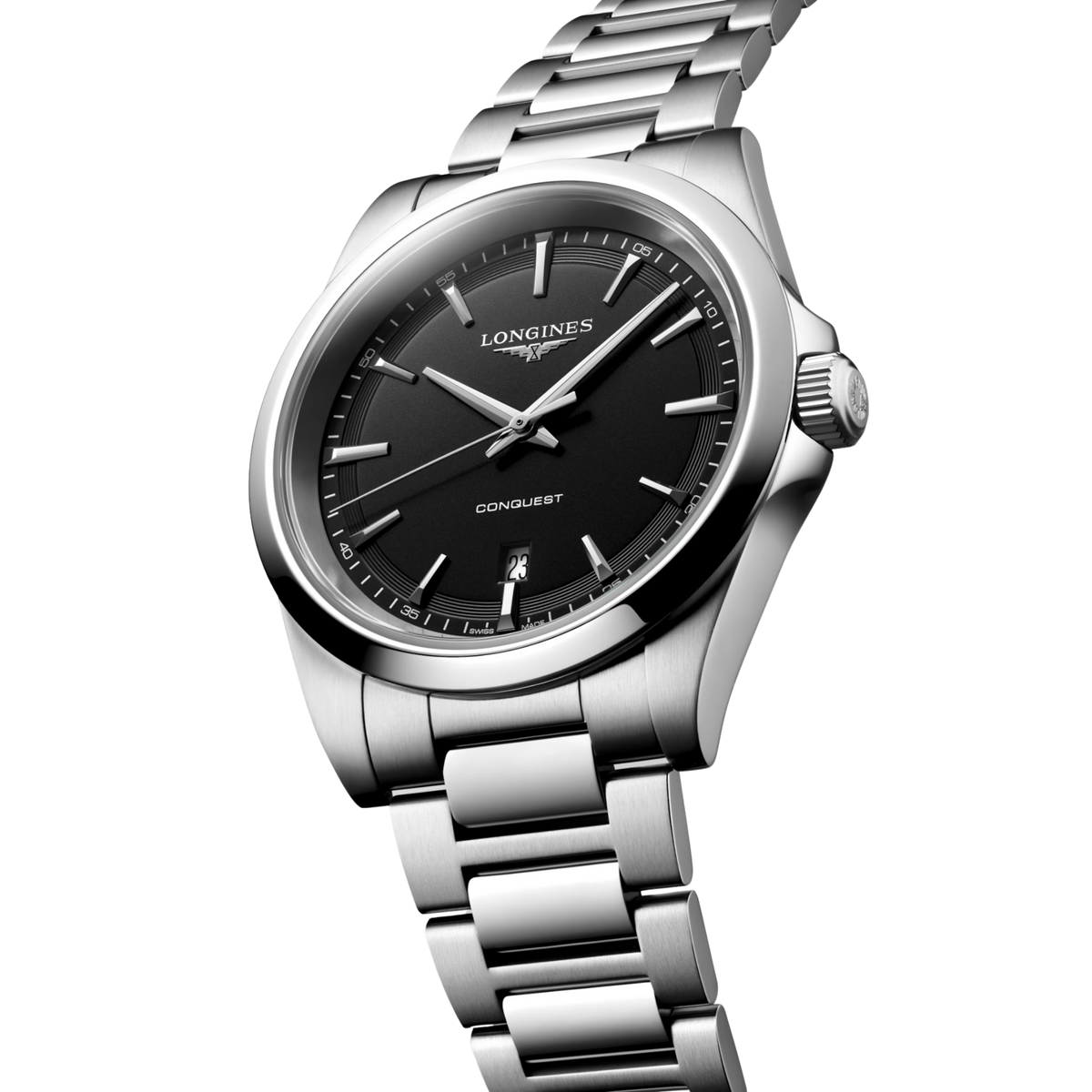 Longines Conquest 41mm steel watch with black dial, date display, sapphire crystal and stainless steel bracelet