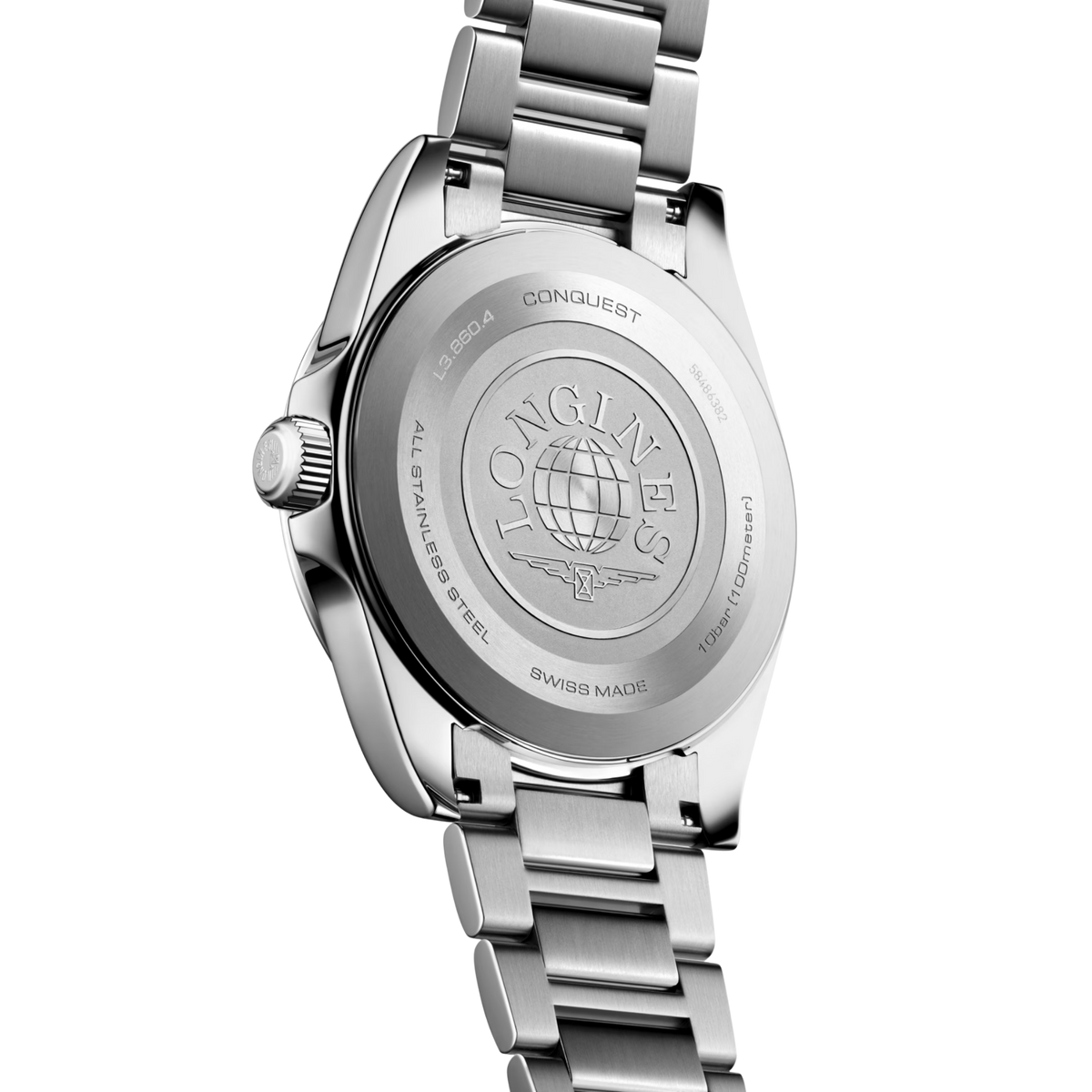 Longines Conquest luxury quartz watch with 41mm stainless steel case, black sandblasted dial and 100m water resistance