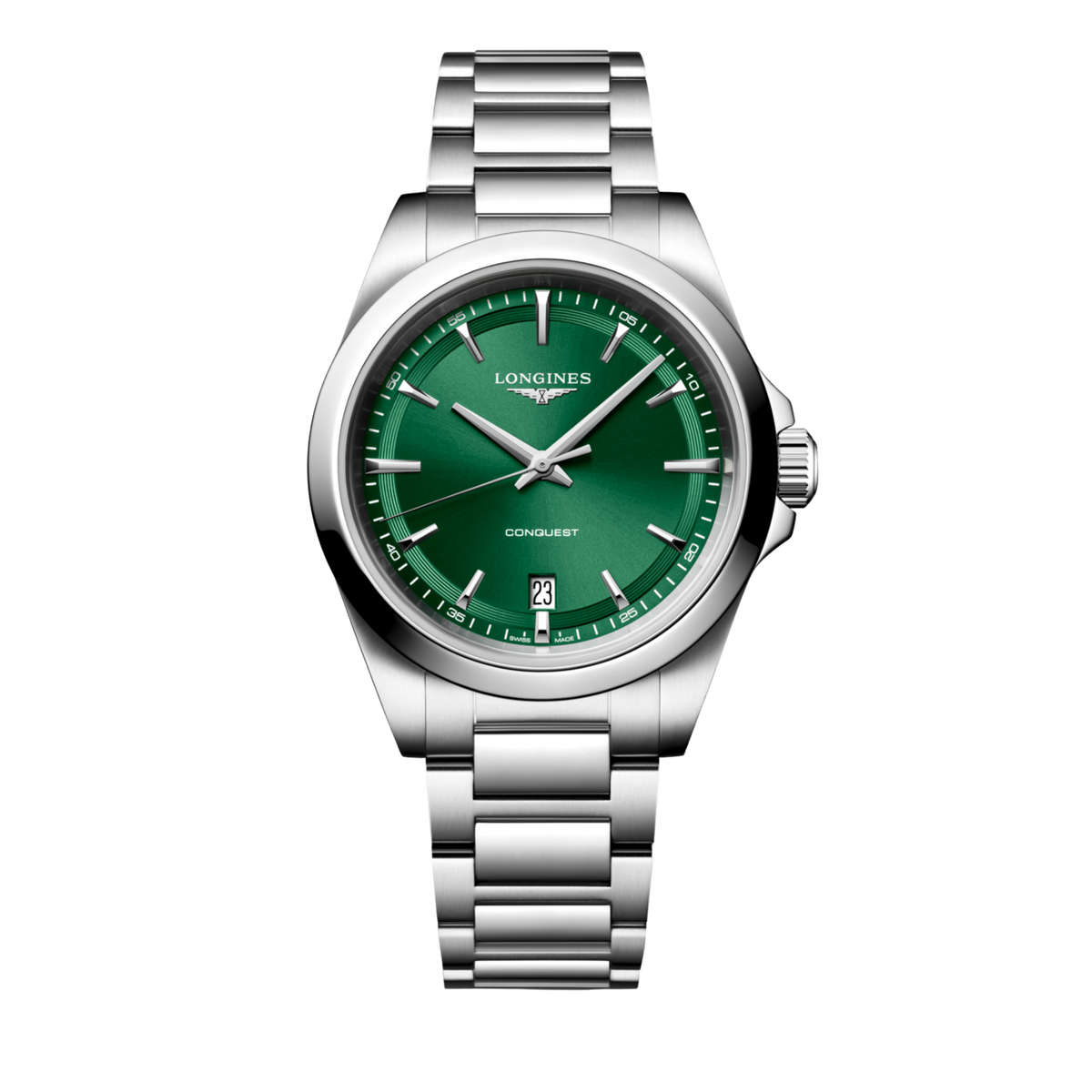 Longines Conquest watch with a green sunray dial, date display, and stainless steel bracelet.
