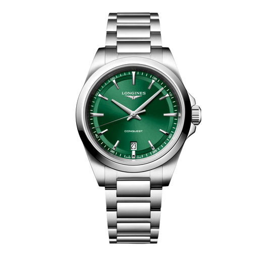 Longines Conquest watch with a green sunray dial, date display, and stainless steel bracelet.