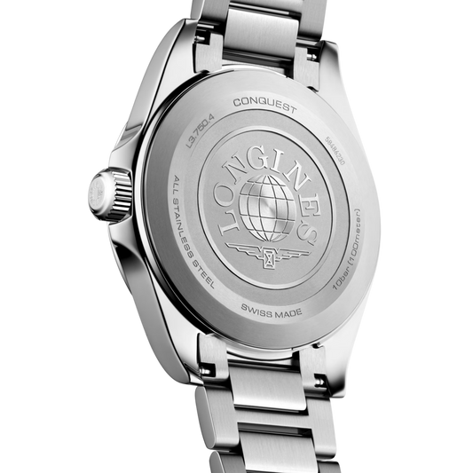 Caseback of the Longines Conquest watch with engraved stainless steel finish.