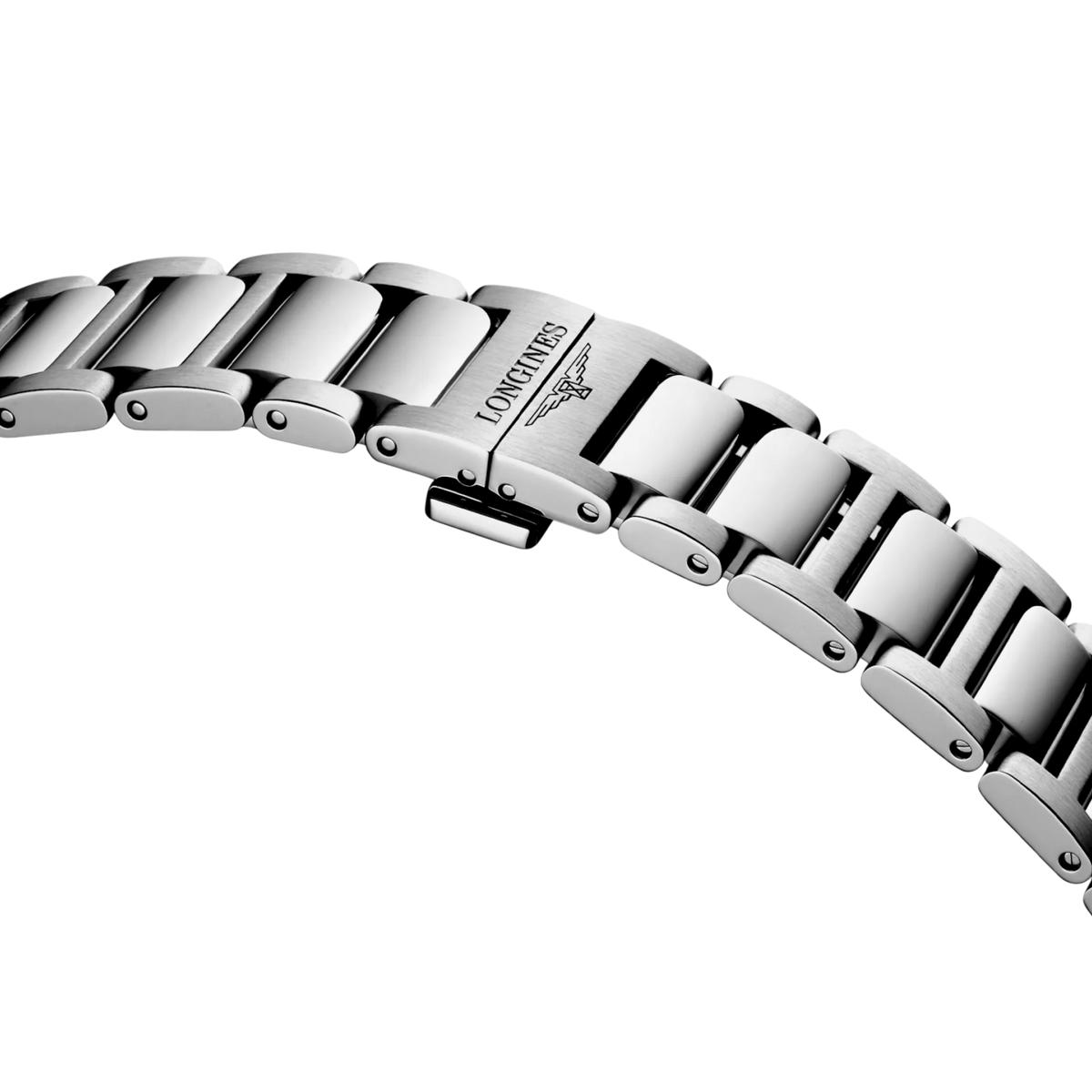 Close-up of the Longines Conquest stainless steel bracelet and signed folding clasp.