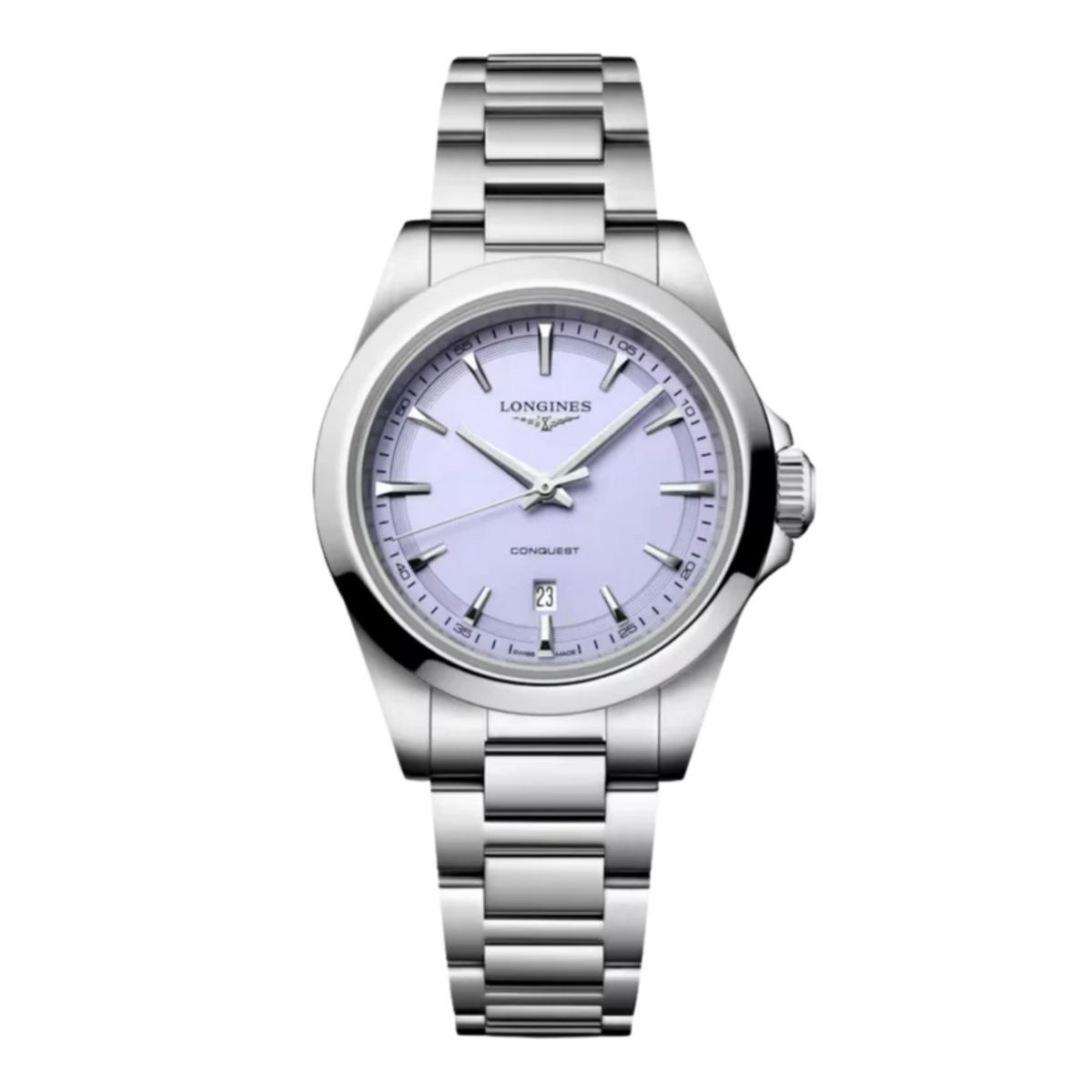 The Longines Conquest 30mm pairs a soft lavender mauve sandblasted dial with a stainless steel case and bracelet, offering a fresh take on an everyday classic.