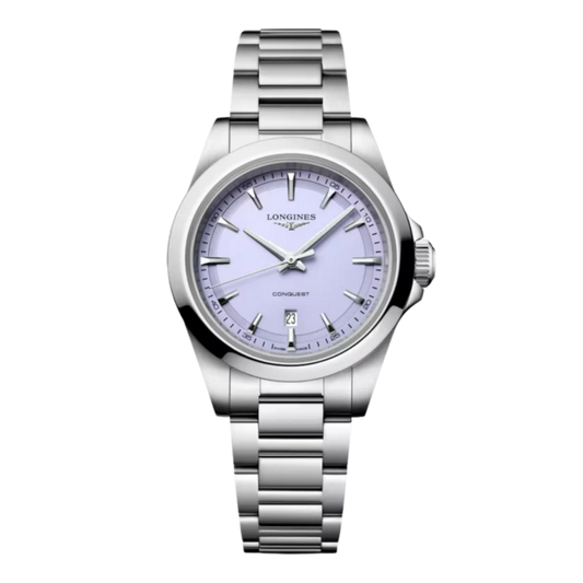 The Longines Conquest 30mm pairs a soft lavender mauve sandblasted dial with a stainless steel case and bracelet, offering a fresh take on an everyday classic.