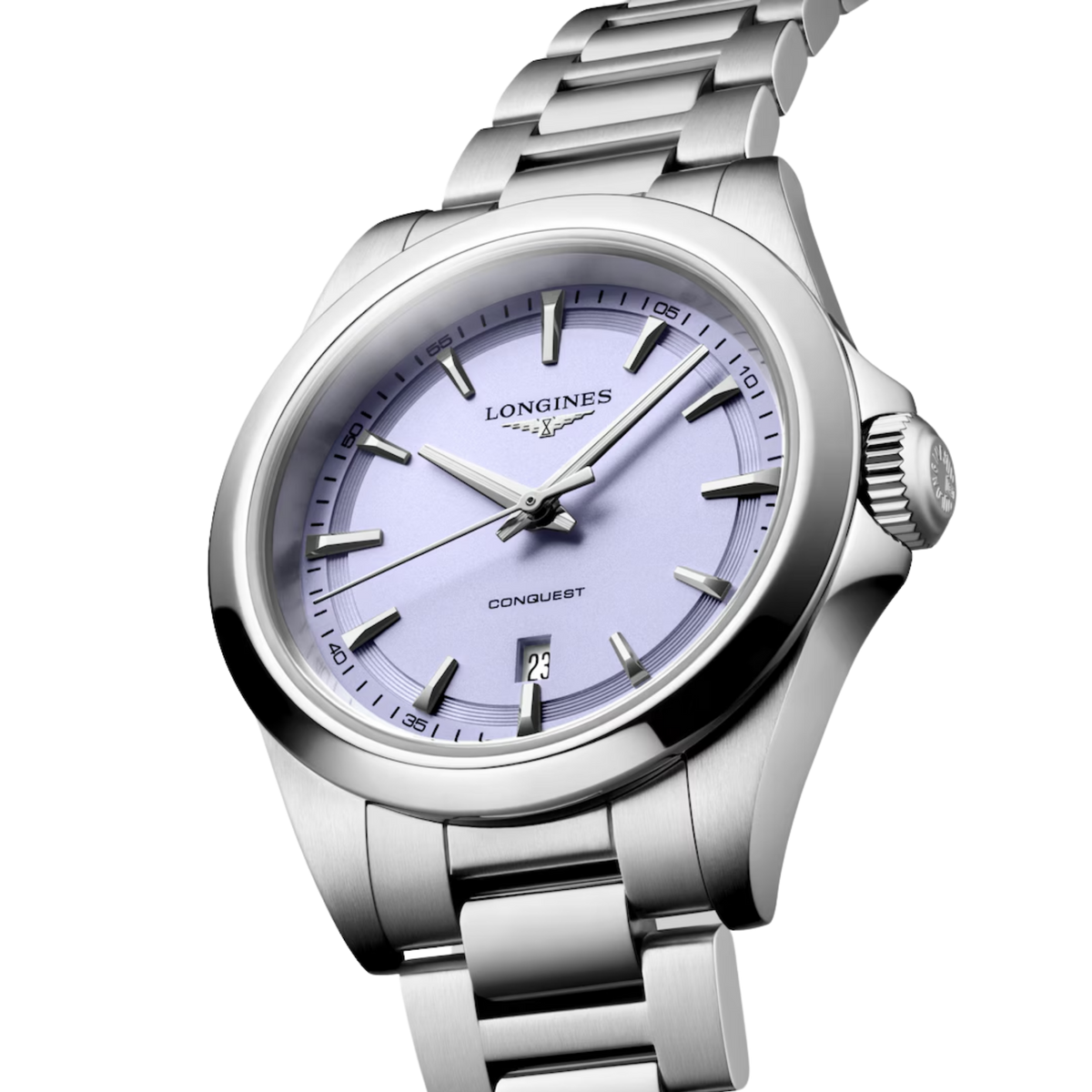 Elegant yet sporty, this Longines Conquest features a 30mm stainless steel case, quartz movement and a distinctive lavender dial for effortless everyday style.