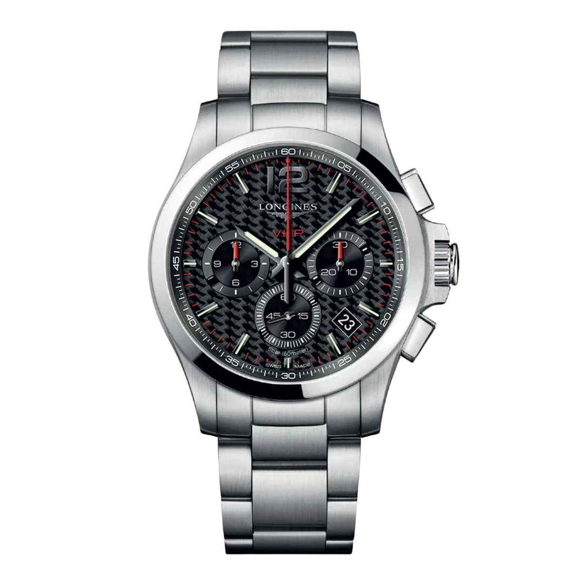 Longines Conquest 42mm men’s chronograph watch with black dial and stainless steel bracelet