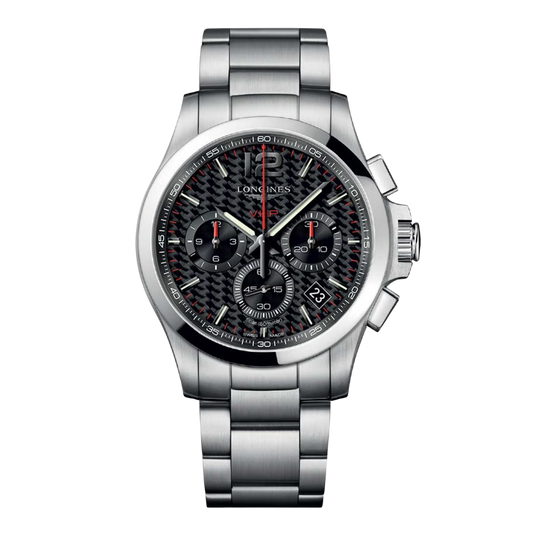 Longines Conquest 42mm men’s chronograph watch with black dial and stainless steel bracelet