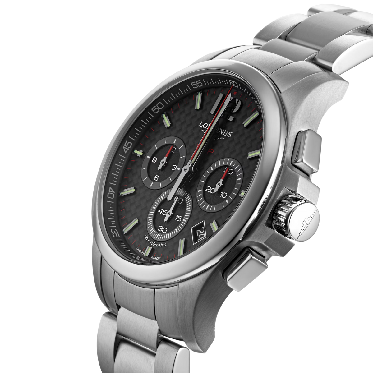Longines Conquest men’s watch featuring a black chronograph dial and polished stainless steel case