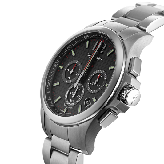 Longines Conquest men’s watch featuring a black chronograph dial and polished stainless steel case
