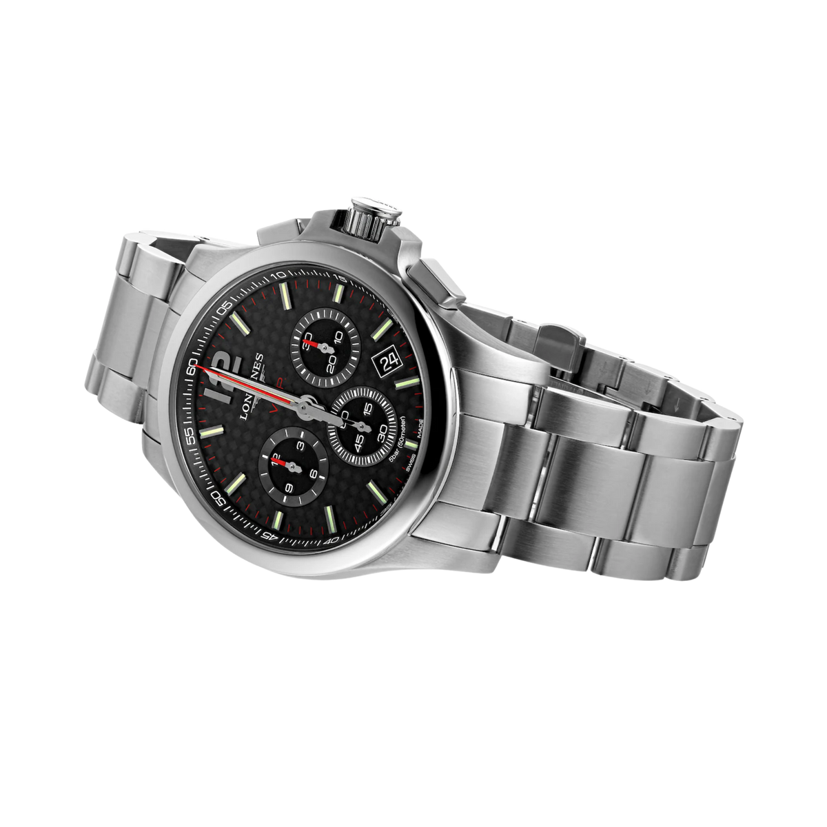 Longines Conquest 42mm quartz chronograph watch with black dial, date display and stainless steel bracelet