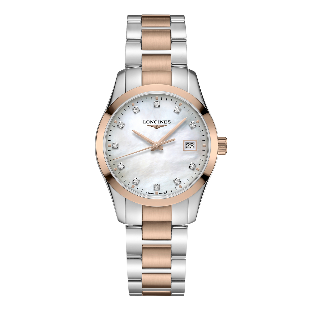 front view of Longines Conquest mother of pearl dial watch with diamond hour markers and two tone stainless steel bracelet
