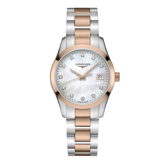 front view of Longines Conquest mother of pearl dial watch with diamond hour markers and two tone stainless steel bracelet
