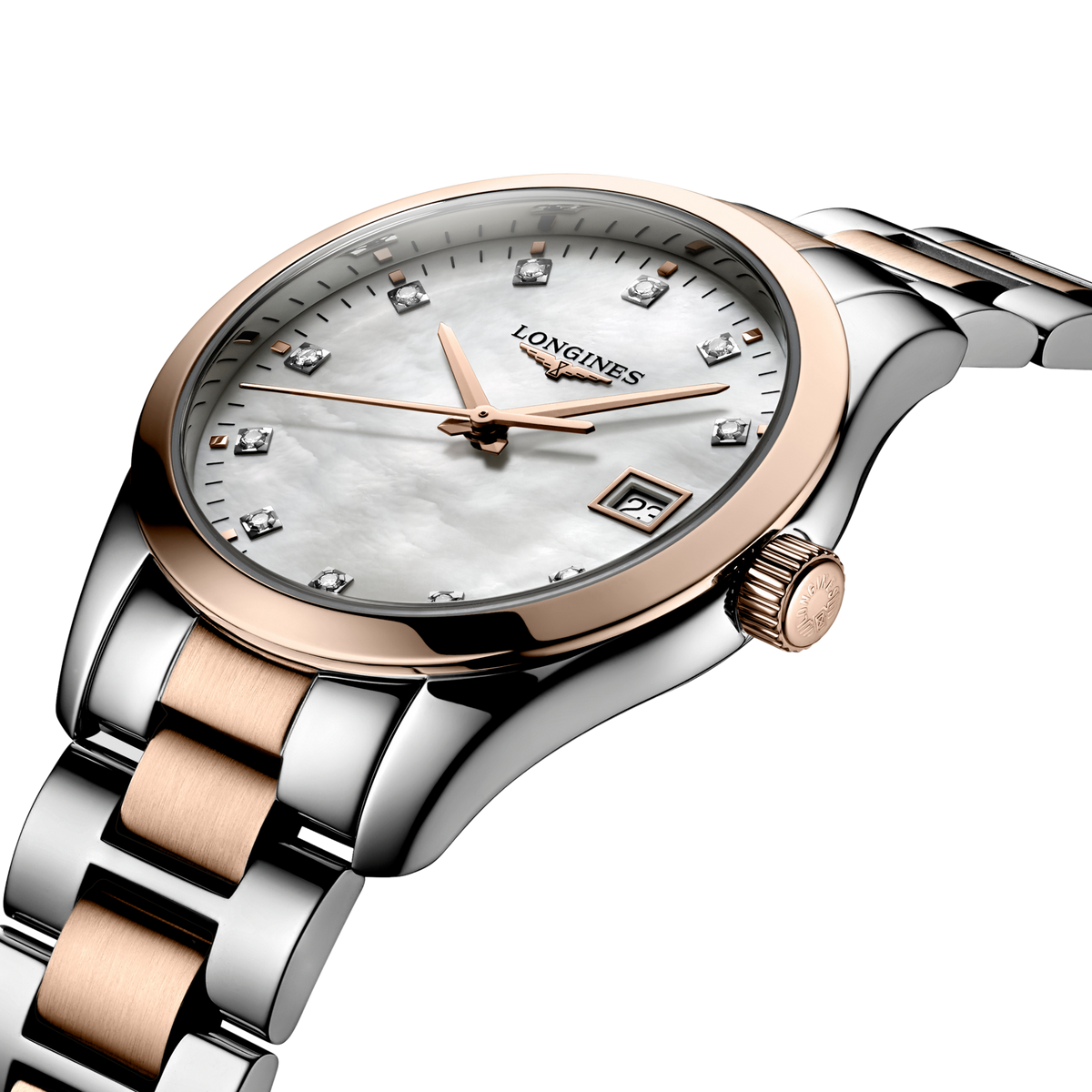 close up of the Longines Conquest mother of pearl dial with diamond indexes, rose gold hands and date window
