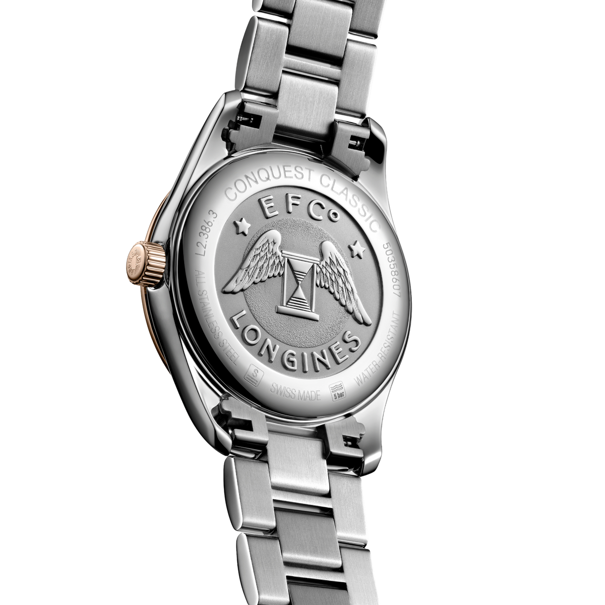 back of Longines Conquest ladies watch showing the polished stainless steel and rose gold bracelet with engraved case back
