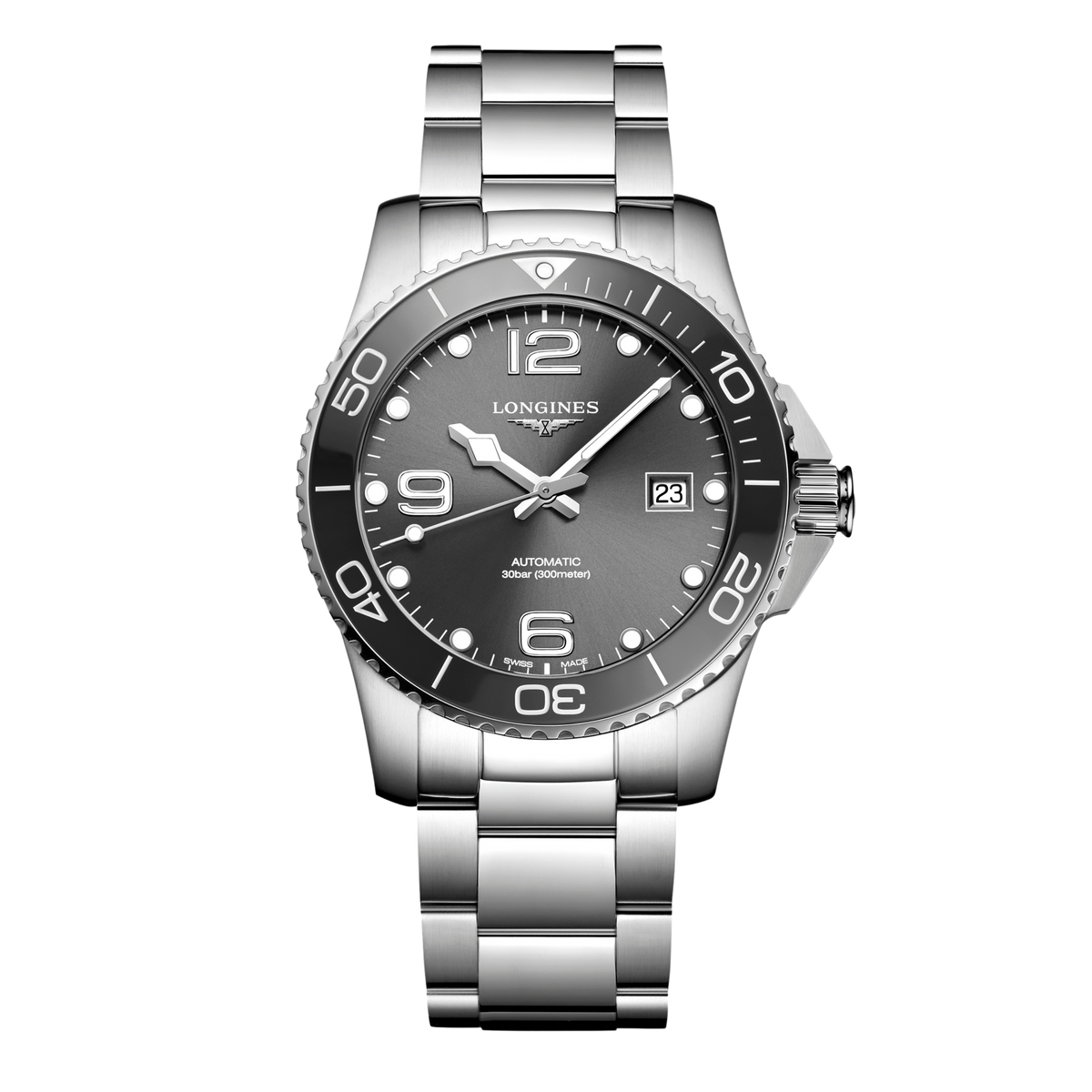 front view of Longines HydroConquest automatic black dial dive watch with stainless steel bracelet and ceramic bezel
