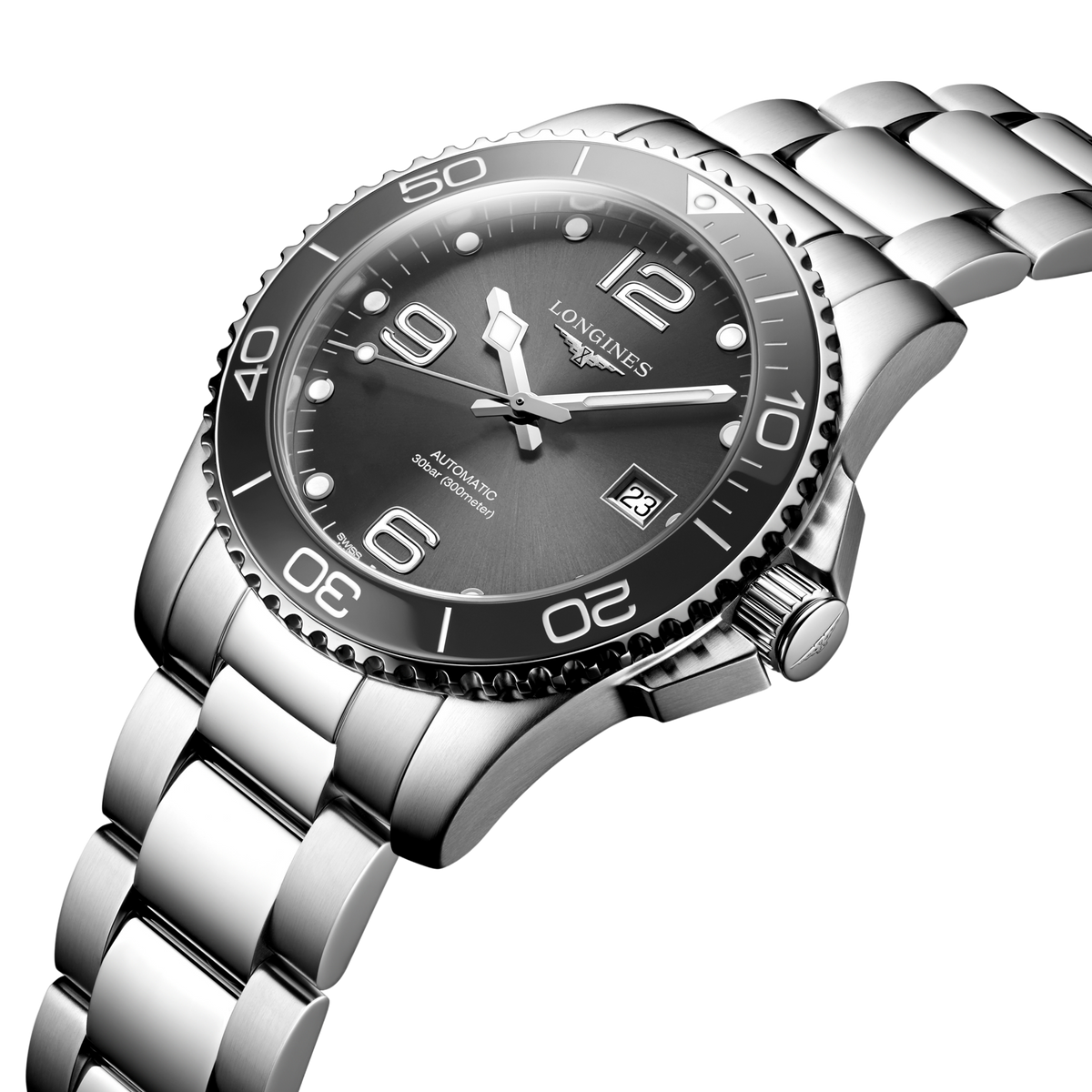 back of Longines HydroConquest automatic watch showing the stainless steel case back and solid link bracelet construction
