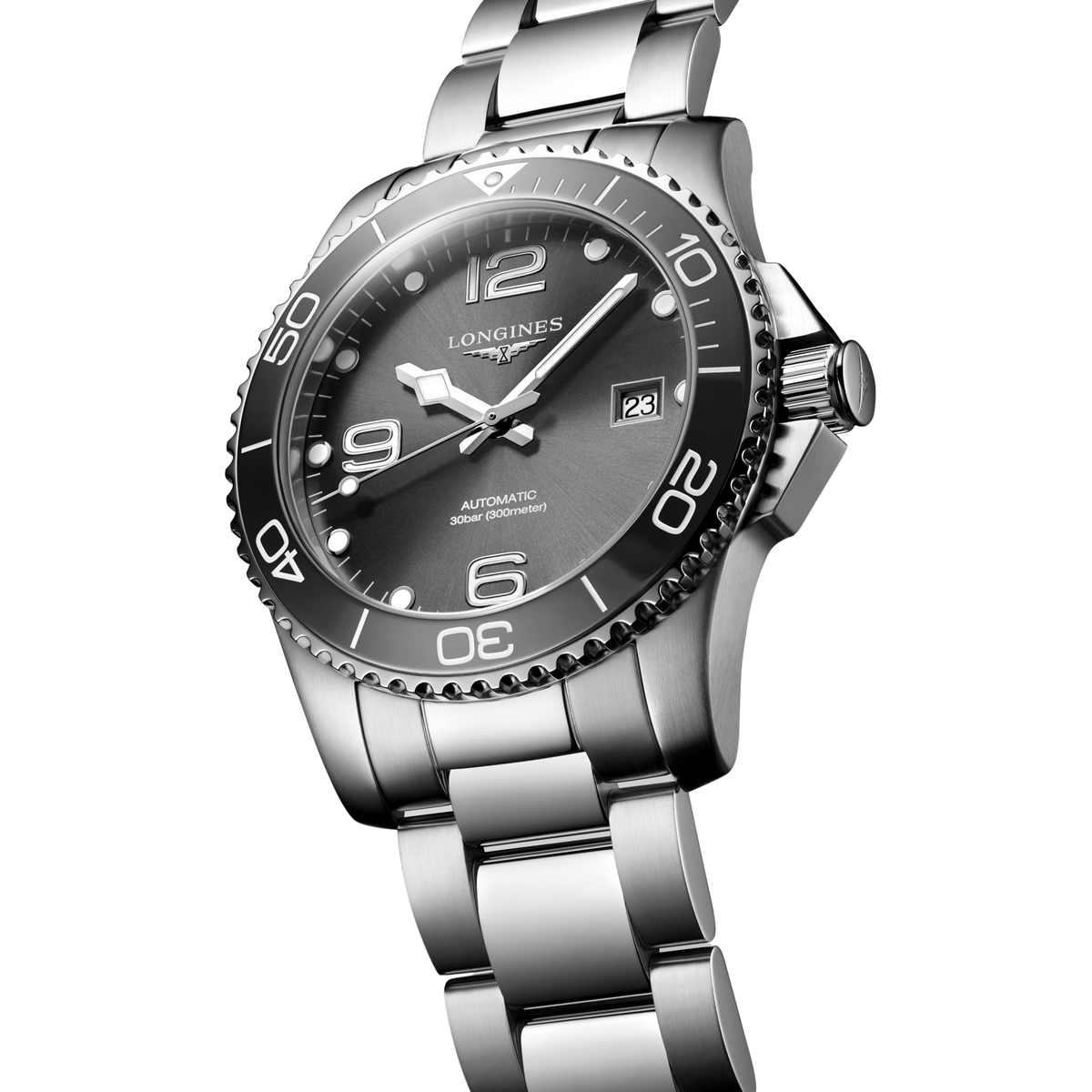 close up of the Longines HydroConquest black dial featuring luminous hour markers, rotating bezel and date display
