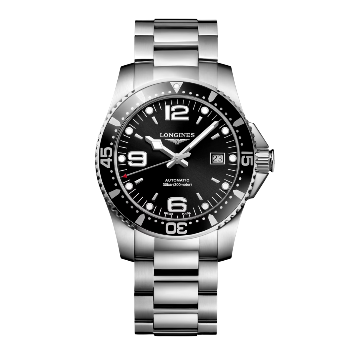 Longines HydroConquest 41mm men’s automatic watch with black dial and stainless steel bracelet