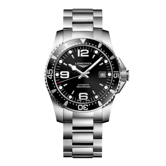 Longines HydroConquest 41mm men’s automatic watch with black dial and stainless steel bracelet