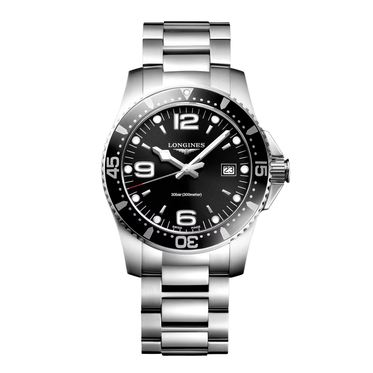 Longines HydroConquest 41mm men’s quartz watch with black dial, stainless steel case and matching steel bracelet